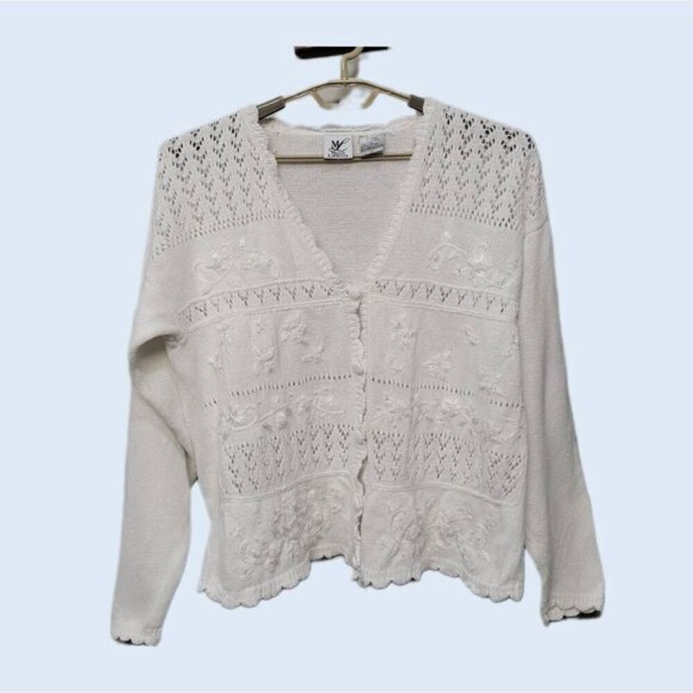 VTG Maggie Lawrence Cardigan Sweater Large White Cottage‎ Folk Grandma Scalloped